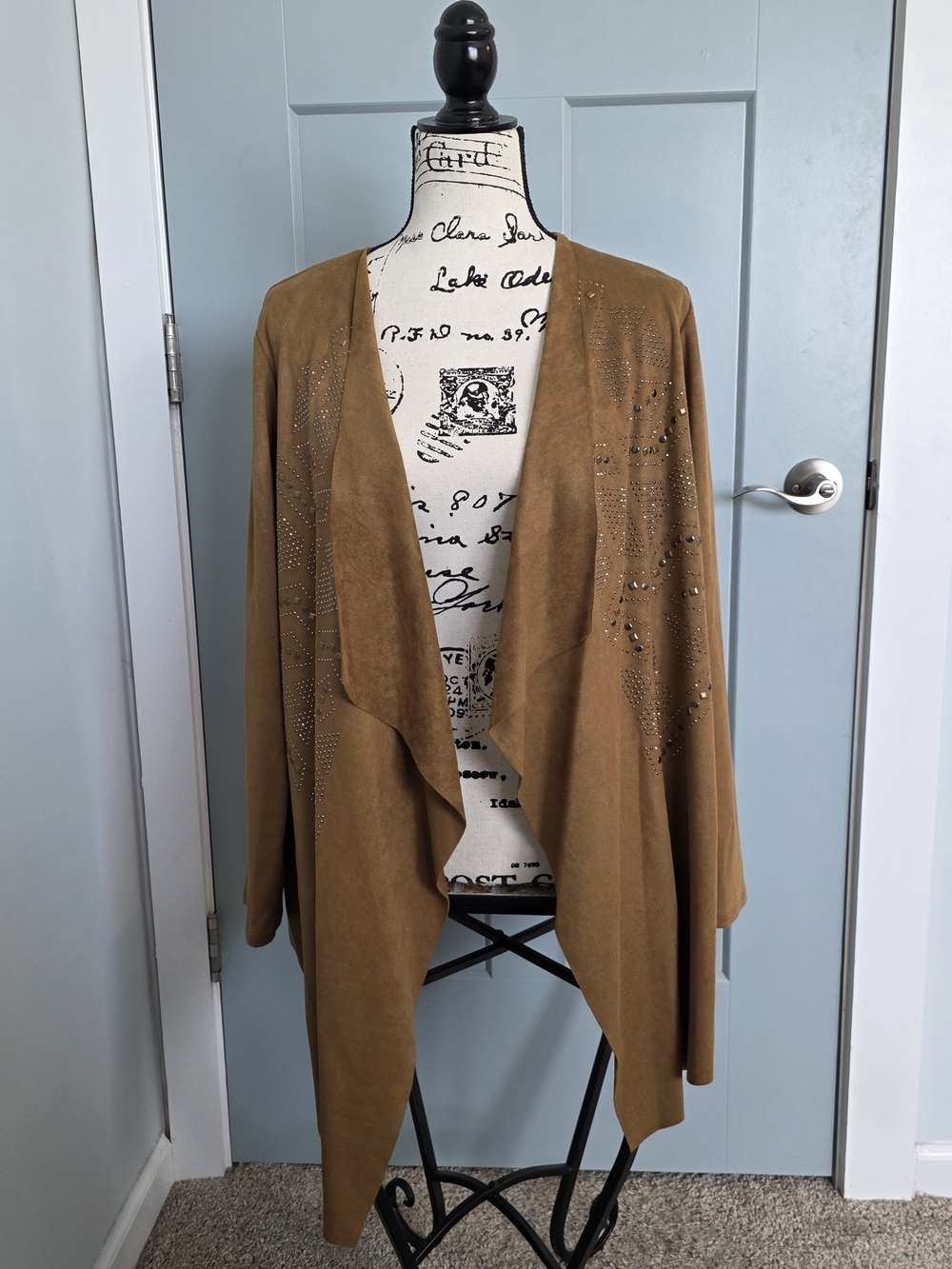 ​Vocal Tan Faux Suede Open Front Cardigan Studded Western Boho Jacket Large